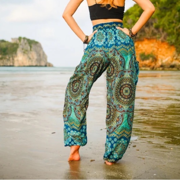 Blue Mandala Boho Smocked Waist Harem Pants Sz L/XL - Picture 2 of 12